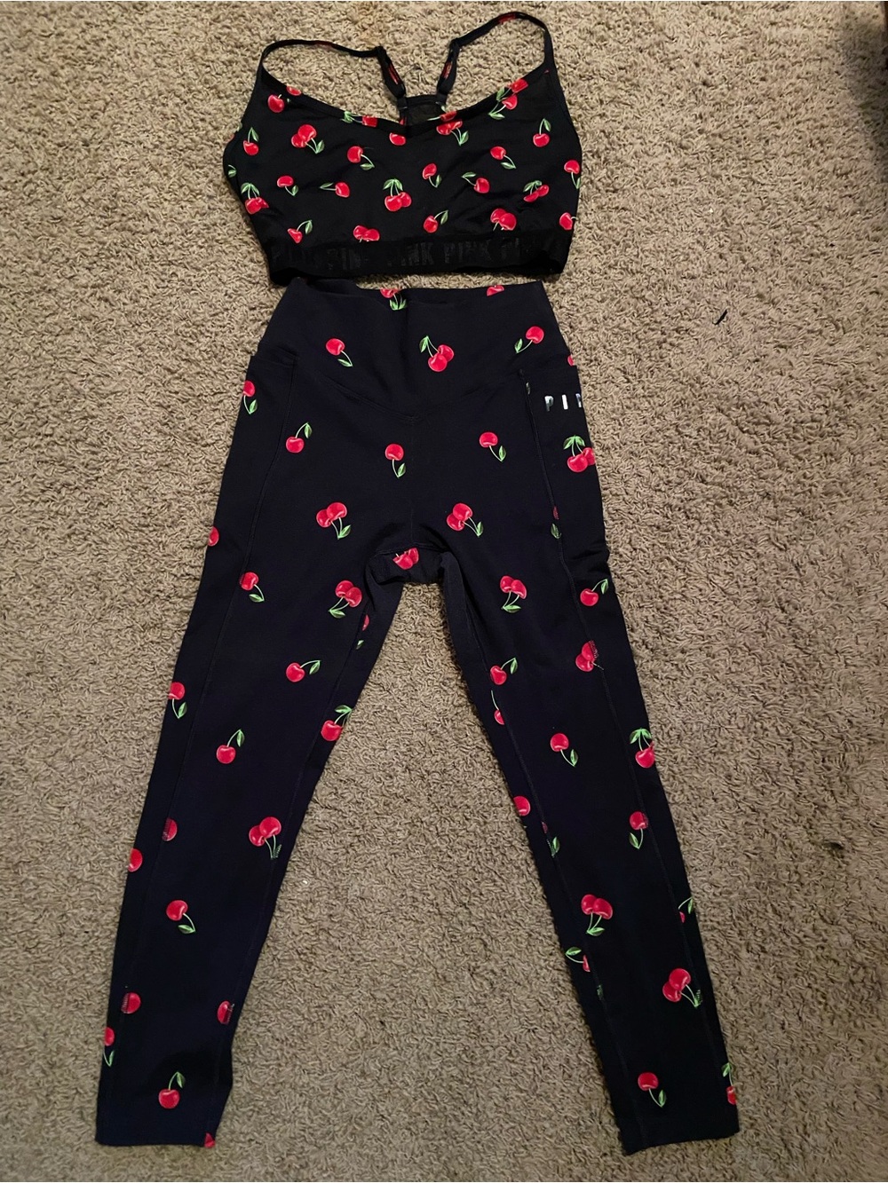 PINK Victoria's Secret Black Cherry-Print Leggings & Bralette Set